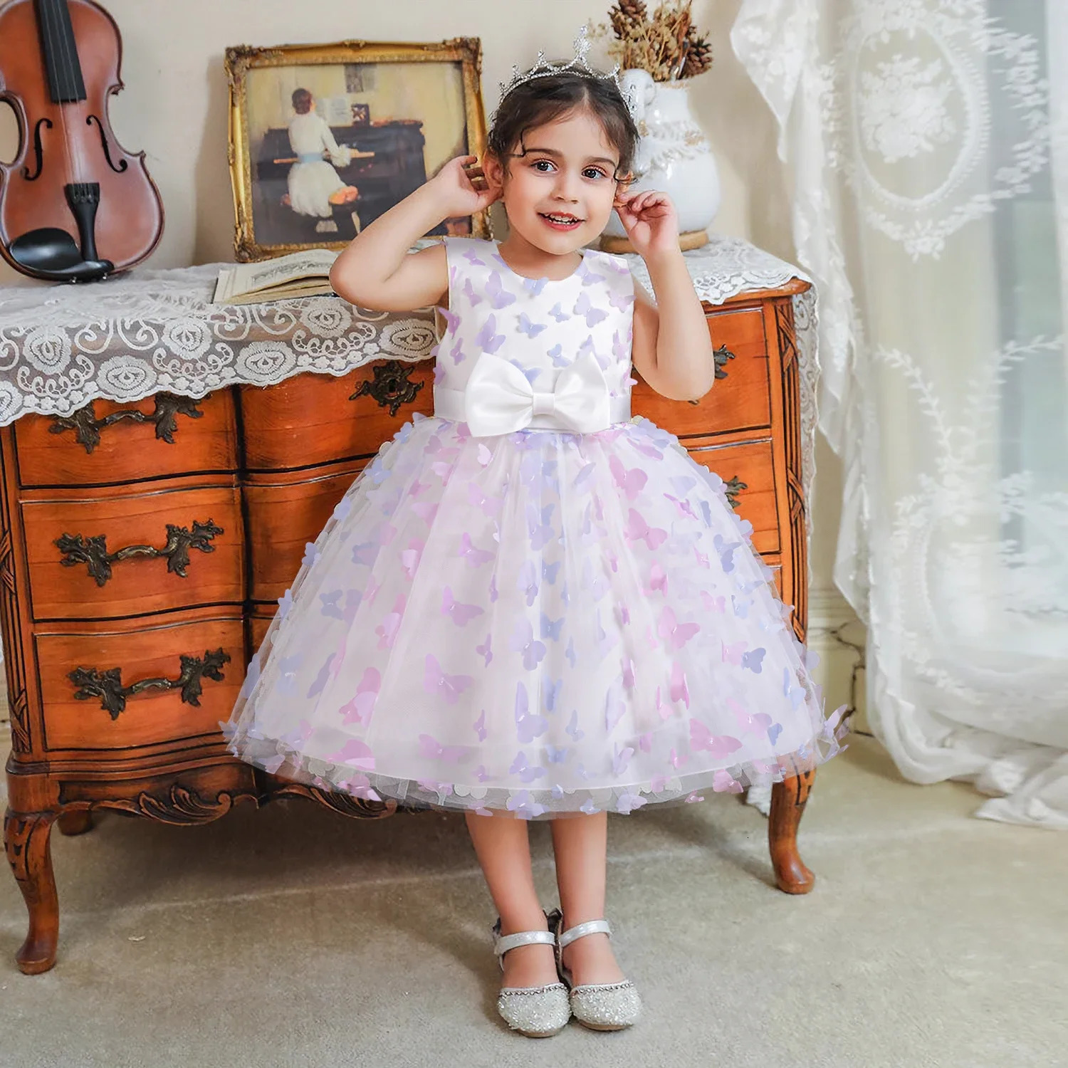Formal Girls Pink Princess Dress Flower Girl Wedding Prom Gown 3D Butterfly Childrens Puffy Dress Elegant Party Dresses 250220