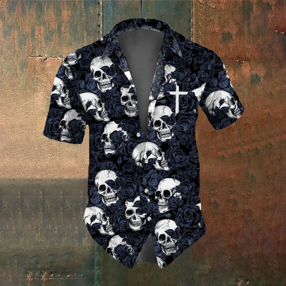 Summer Retro Flower Skull Pattern Mens Short Sleeved Shirt Fashion Street Trend Horror Party Men Oversized TShirt 250220