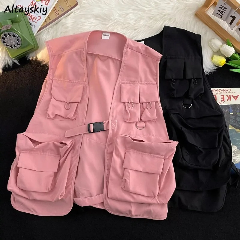 Vests Women Solid Pockets All-match Special Unisex Simple Cool Japanese Style Leisure Vintage Attractive Spring Students Young 250219