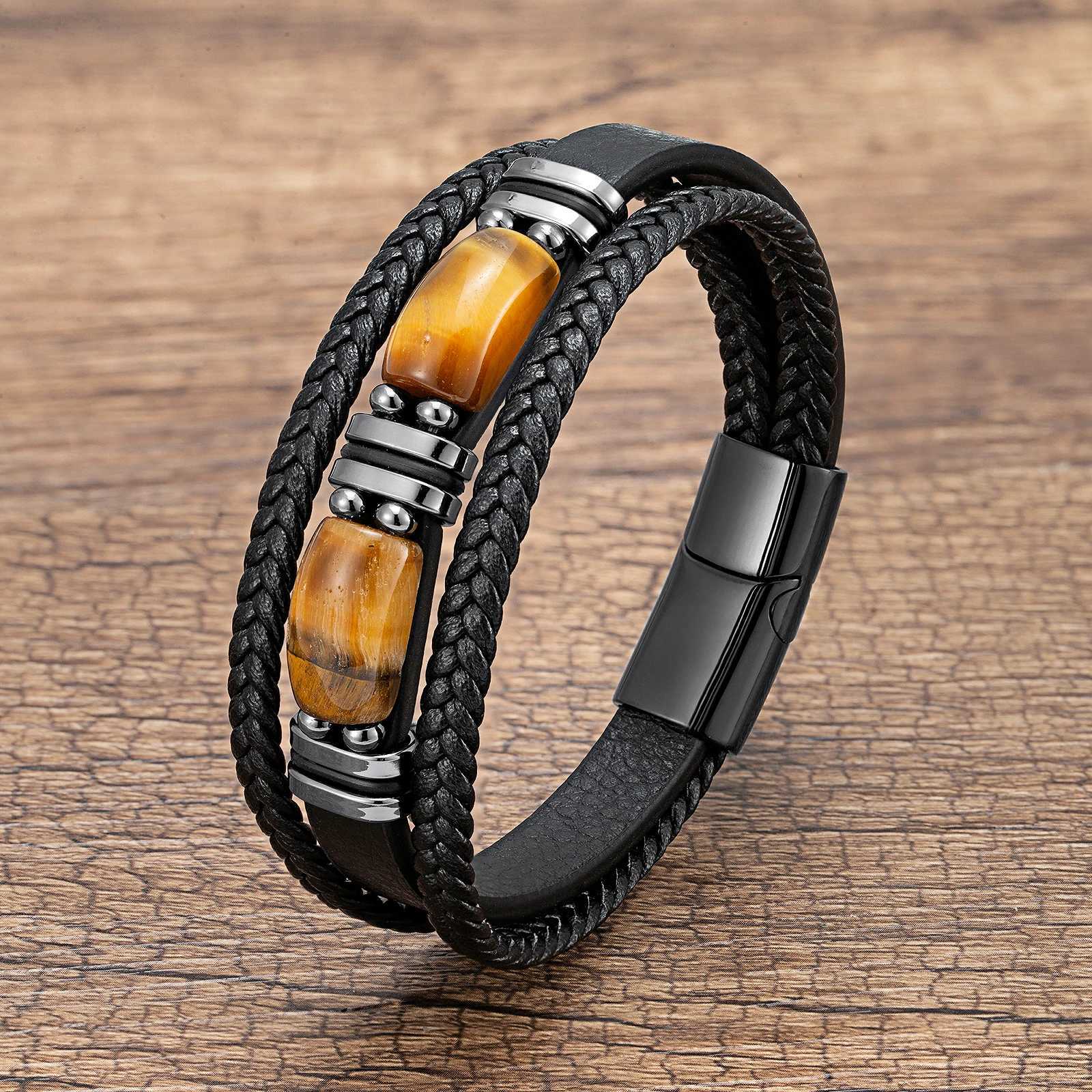 New Natural Tiger Eye Stone Mens Wristband Bracelet Hand-woven Multi-Layer Braided Leather Bangles Stainl Steel JewelryXJ250219