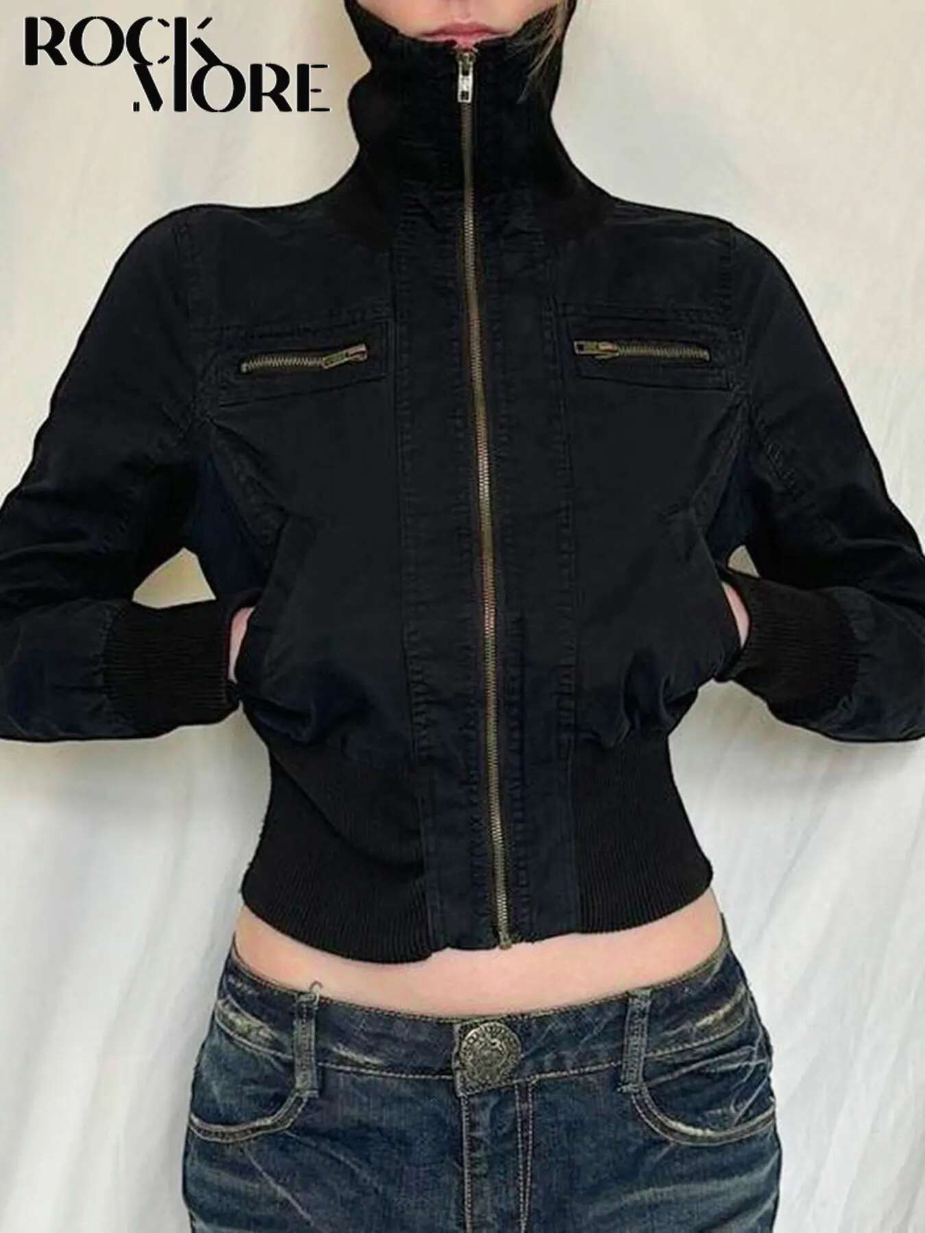 Rockmore Y2k Vintage Streetwear Medium-high Necke Zipper Jacket Tops All Match Waist Slimming Woven Short Coats Korean Solid