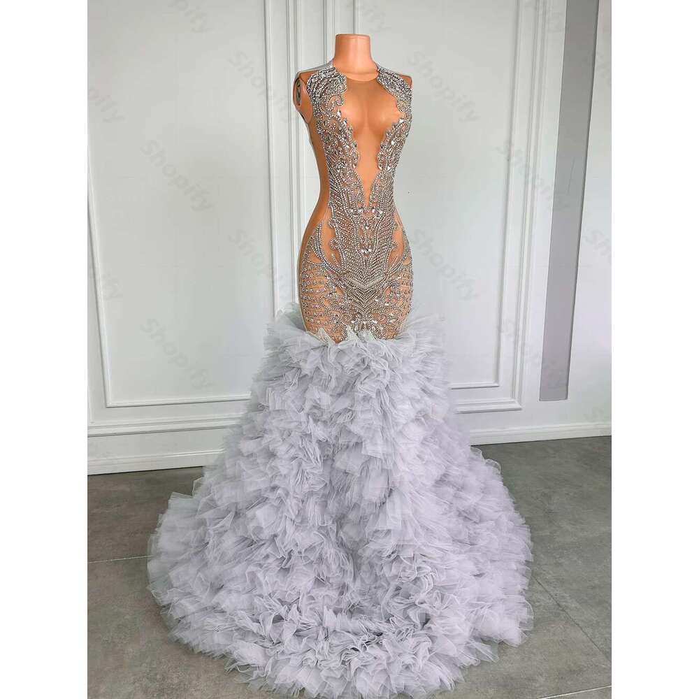 Puffy Layered Pleated Silver Long Black Gown Girls Crystal Rhinestone See Through Mermaid Custom Ball Gowns prom