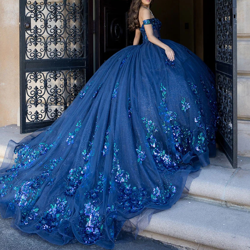 Royal Blue Shiny Quinceanera Dresses Ball Gown Off Shoulder Sequin Appliques Lace Beads Tull Corset Sweet 16 Dress Vestidos 15 de anos