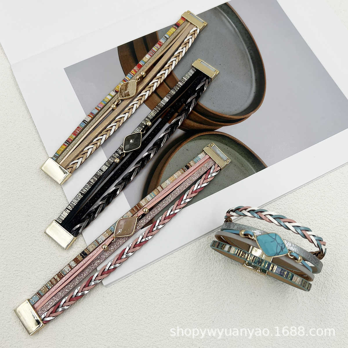 Charm Bracelets Multi layer PU leather natural stone magnetic buckle bracelet Bohemian ethnic style green pine multi row metal bracelet H25220