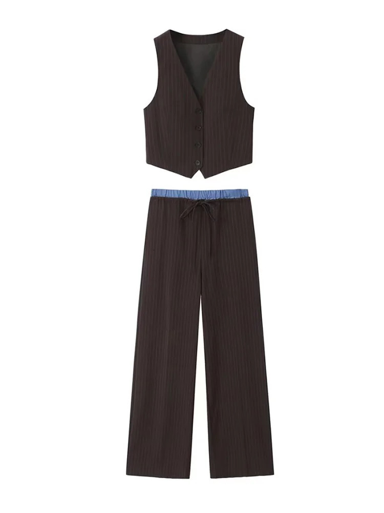 Willshela Women Fashion Two Piece Set Khaki Tank Tops Straight Leg Pants Vintage V-Neck Single Breasted Female Chic Pants Suit 250219