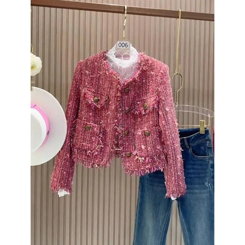 Pink Boucle Jacket Womens Outerwear Autumn Winter French Style Small Size Friendly Crew Neck Pattern Type Other 250214