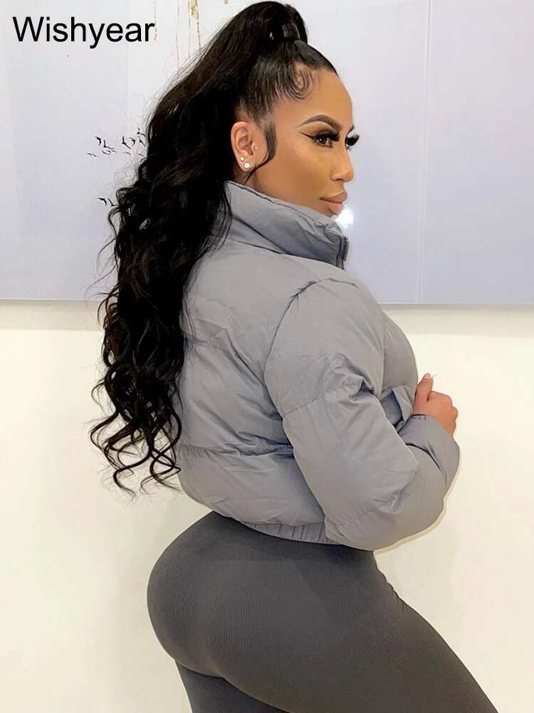 Winter Thick Warm Cotton Down Jacket Women Clothing Gray Zipper Short Puffer Parkas Coats Outwear Female Crop Tops Streetwear
