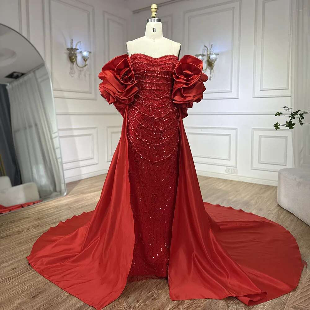 Hill Serene Customized Red Long Cape Pearls Beaded Mermaid Evening Dresses Gowns For Formal Ocn BLA A mal
