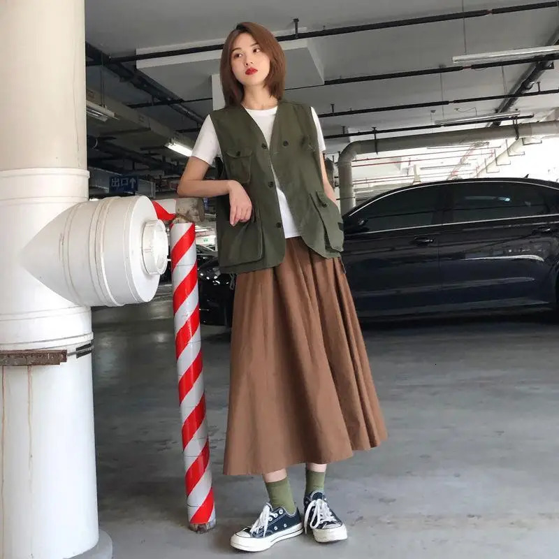 Army Green Vests Women Safari Style Korean Fashion Mujer Bf All-match Summer Breathable Pockets V-neck Simple Casual 250219