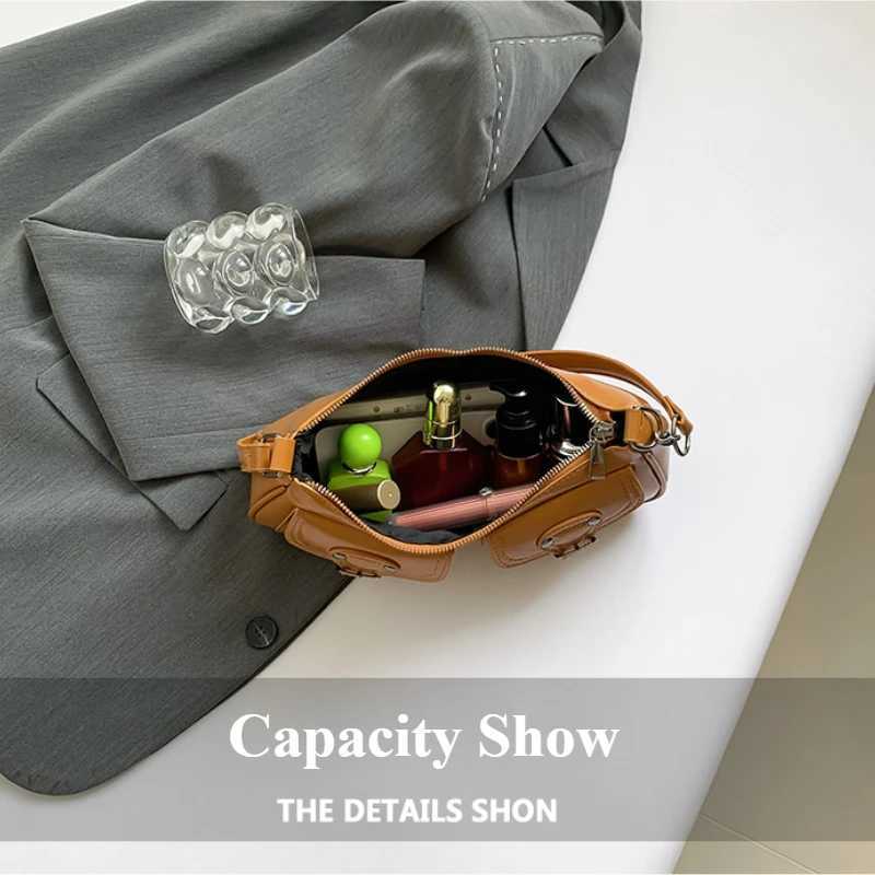 Fashion Pu Leather Womens Shoulder Bag Small Double Pocket Design Ladies Underarm Bags Y2k Vintage Female Handbags Clutch Purse Y250218