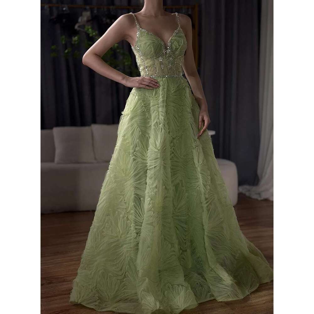 Arabic Sage Green Elegant Spaghetti Strap Backless A E Prom Dress For Women Evening Party Customize