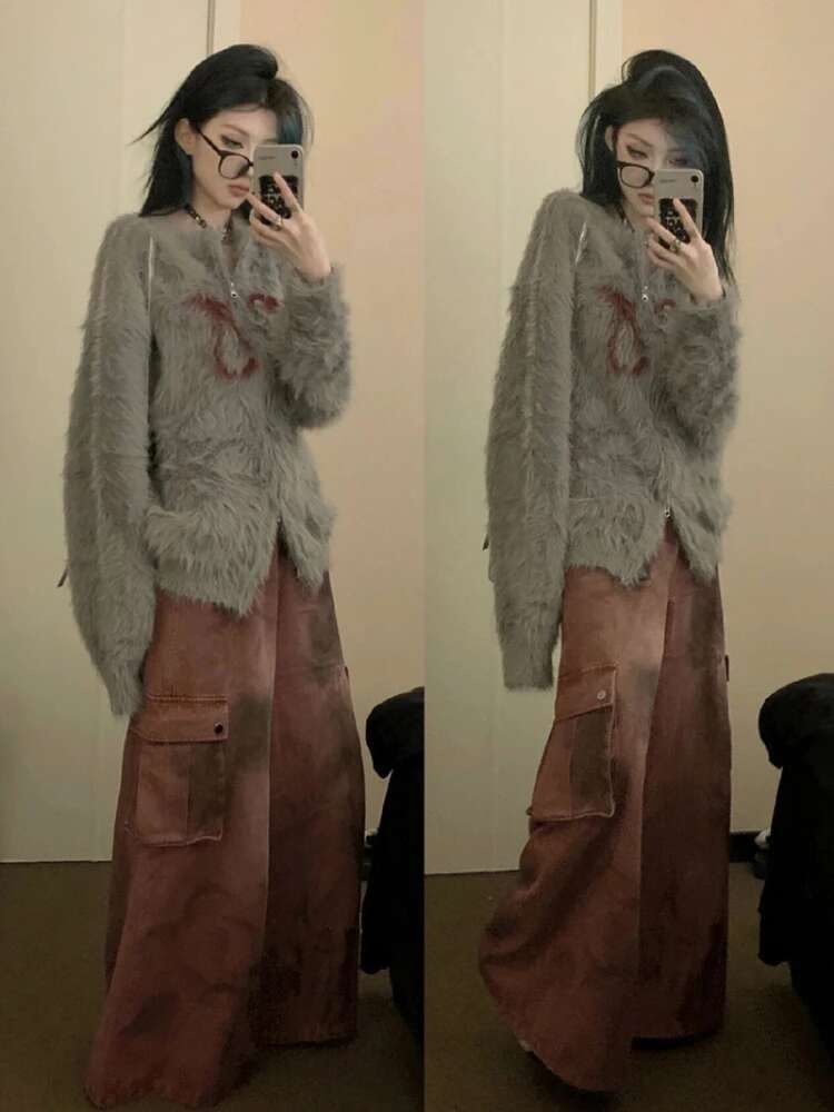Y2k Aesthetic Jacquard Loose Cardigan Streetwear Women's Fur Double Zippers Sweaters Haruku Fairy Knitted Grunge Sweet Coats