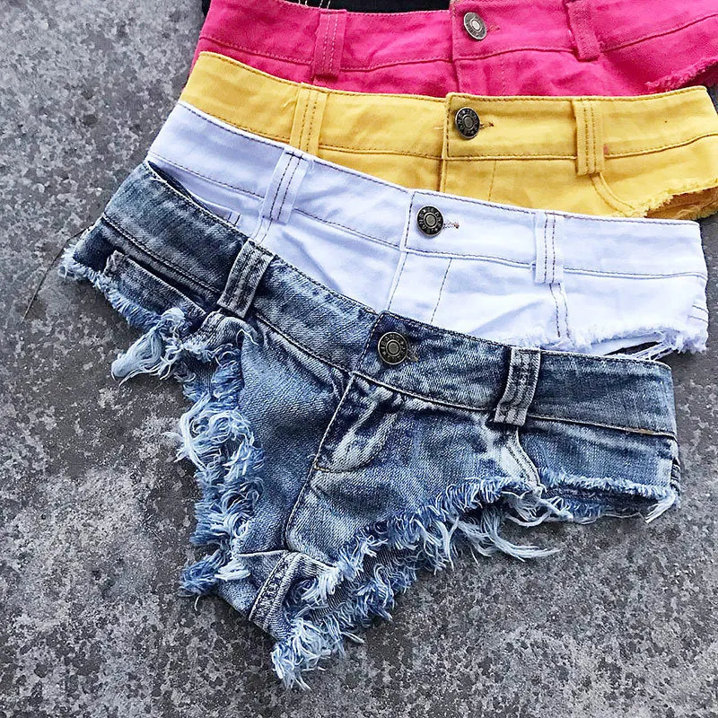 Qisin womens sexy low waist hole tassel denim shorts jeans thong shorts womens shorts 250219