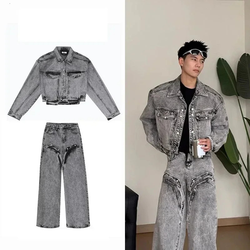 High end jeans from the United States mens and womens styles loose fitting Korean streetwear Spring and Autumn wide leg pants fashionable denim jacket