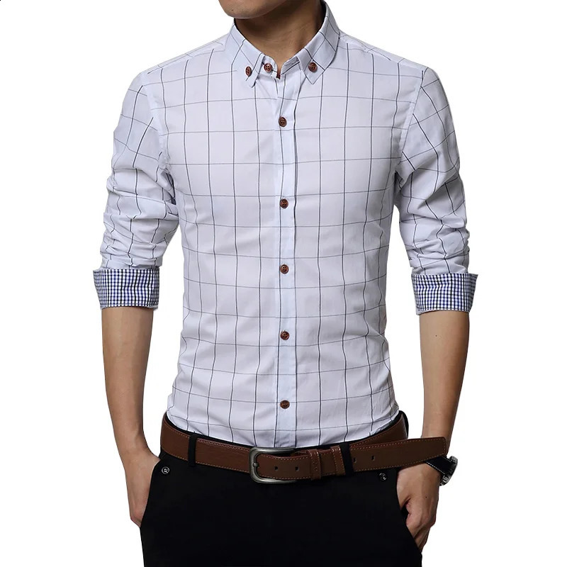 Fashion Mens Shirt Cotton Plaid Men Slim Fit Social LongSleeved Business Camisas Hombre M5XL 250220
