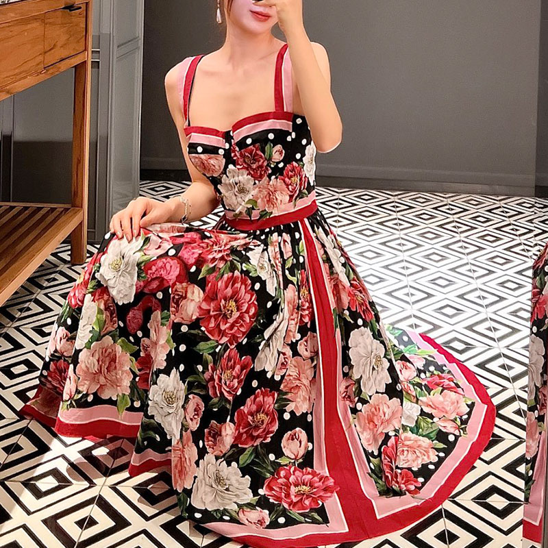 Women's Floral Print Cotton Camisole Dress Vacation Style Knee-Length Strapless Pleated Clothes Waist-Defining Elegant Classic Spring Luxury Desi