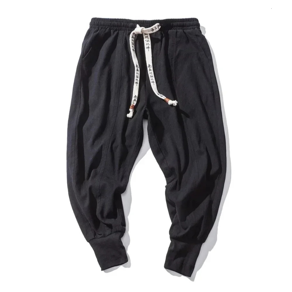 Cotton Linen Harem Pants Men Solid Elastic Waist Streetwear Joggers Baggy Drop-crotch Pants Casual Trousers Men 250218
