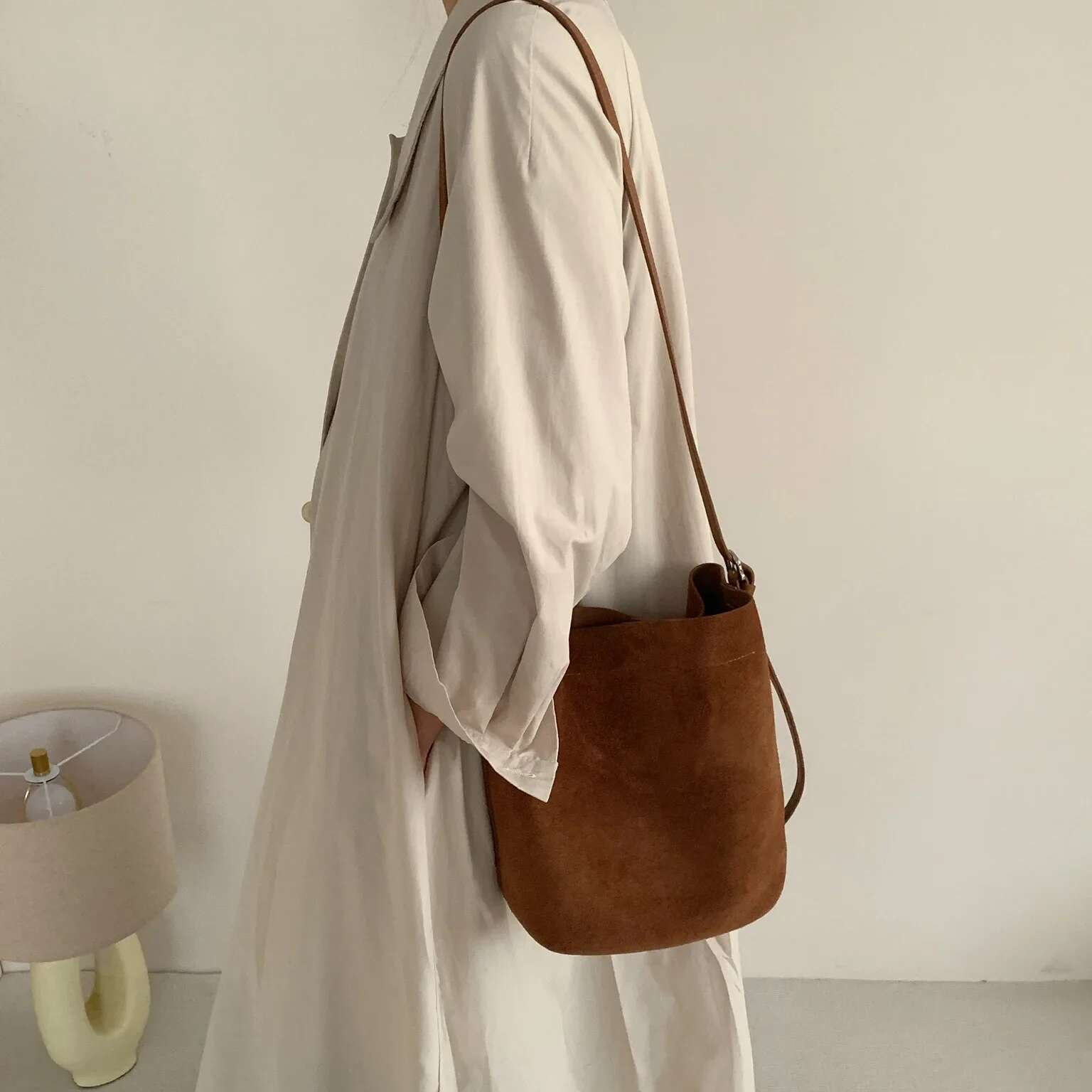 Newest Suede Leather Women Retro Bucket Bags High Quality Female Commute Tote Soft Cowhide Simple Shoulder Crossbody Bag