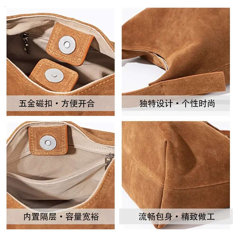 New Ins Chic Red Camel Color Hobo Tote Small Matte Suede Cow Leather Women Handbag Soft Gentle Style Wear Shoulder Bag