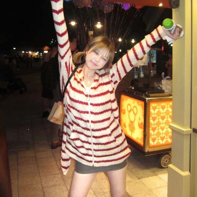 Karrram Japanese Y2k Hooded Cardigan 2000s Aesthetics Rabbit Ears Zipper Knitwear Vintage Haruku Red Stripe Sweater Grunge