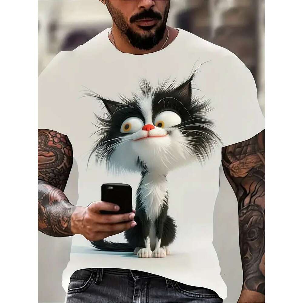 Men's Printed Cat Short Sleeve T-shirt, Casual Street Fashion, Round Neck Sweater, Men's Breathable Clothing, Summer, Funny