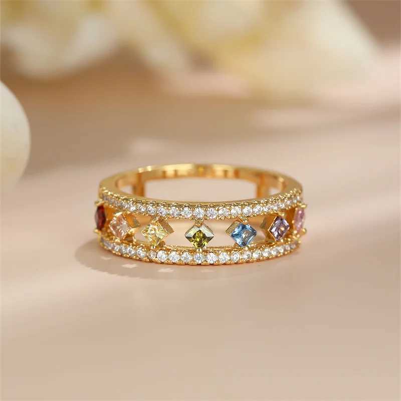 Dainty Square zircon engagement ring vintage Fem crystal stone ring antique gold hollow wedding ring X250220
