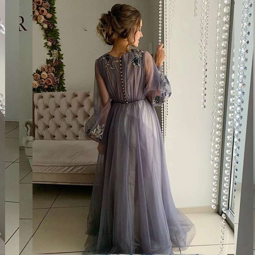 O-Neck Long Sleeve Appliques Organza Evening Dresses Draped Or Length Sweep Train Prom Party Gown Custom Vestidos