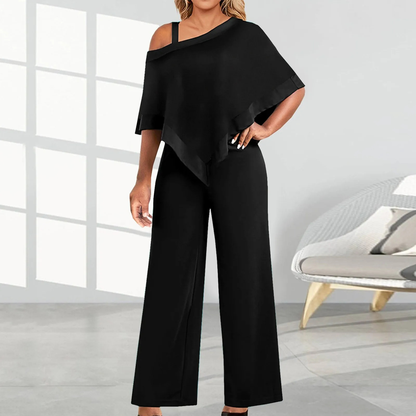 Elegant one shoulder jumpsuit womens summer night party clothing casual clothing hanging wide leg jumpsuit womens clothing soft 250220