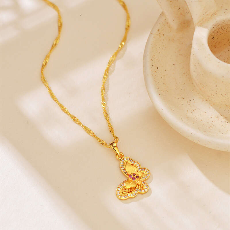 The same double-layer wing pendant from Jindian, sand gold feather micro inlaid necklace for women, light , high-end, exquisite colored butterfly