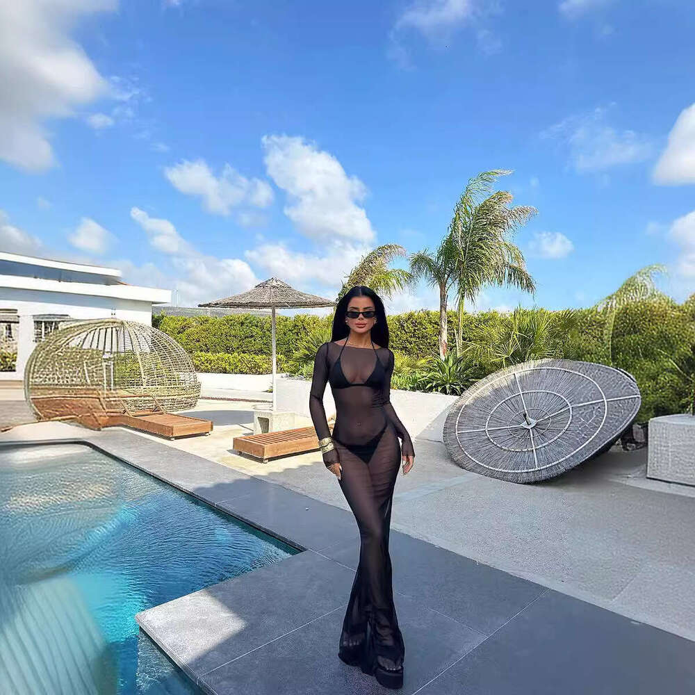 European and American style summer sexy women's spicy girl slim fit mesh see through one shoulder long sleeved dress 2025 new casual versatile fa