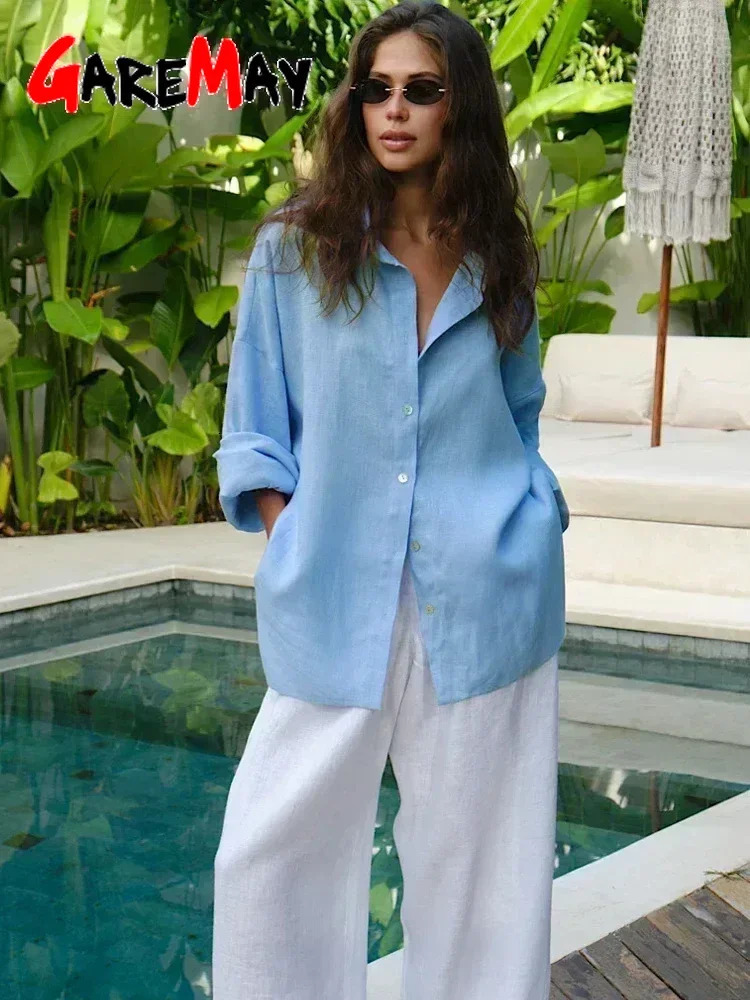 White Womens Linen Shirt Long Sleeve Elegant Pink Oversize Blouse Vintage Spring Basic Top Collar Cotton for Women 250219
