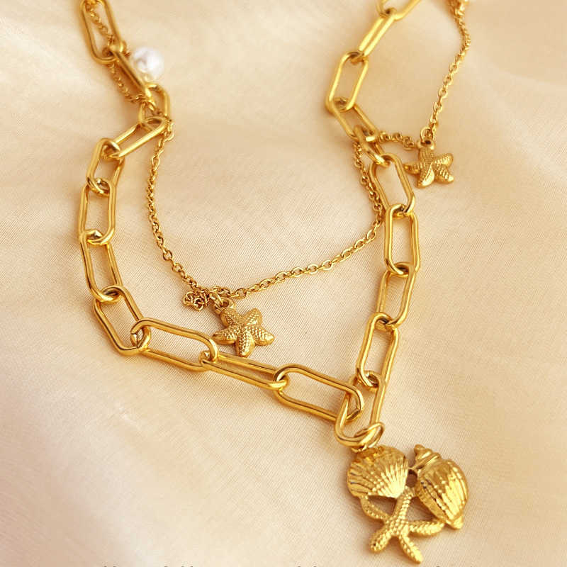 Pendant Necklaces Summer New Double layered Ocean Pendant Necklace Stainless Steel Plated 18K Gold Shell Conch Beach Jewelry H25219