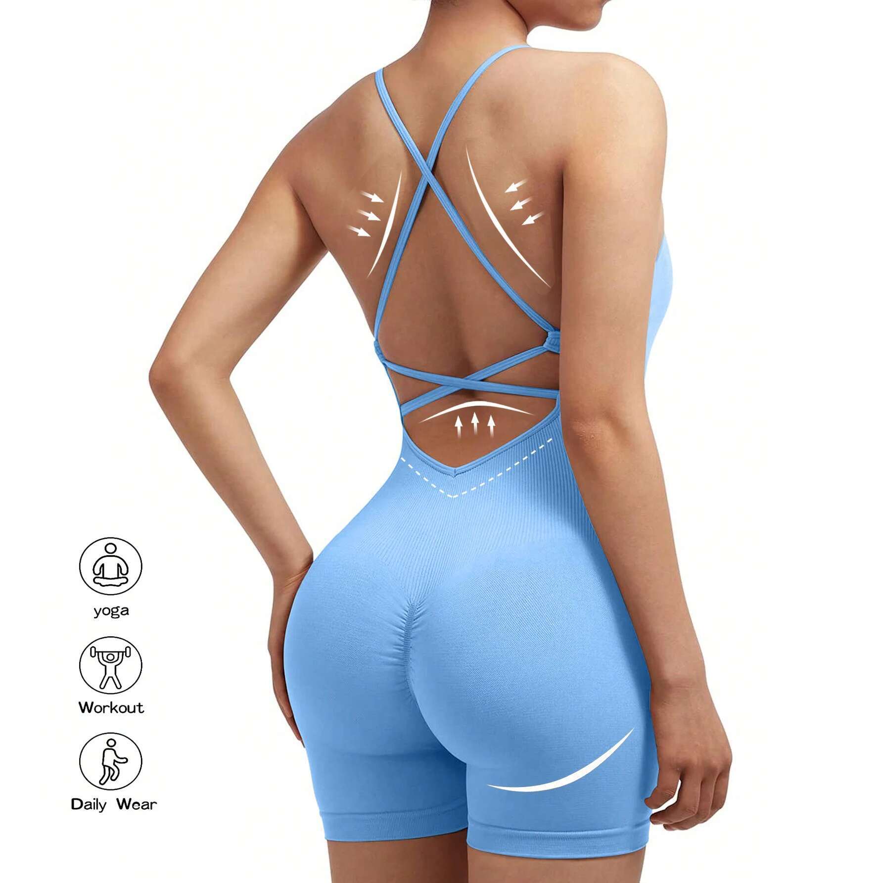 Women's Criss Cross Backless Cami, Sports Romper Sleeveless, Running Workout Yoga Shorts Jumpsuits