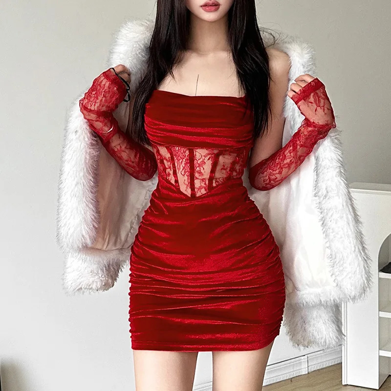 Nibber Winter Bachelor Party Solid Coquette Velvet Tight Sexy Fit Mature Charm Women Fishbone Sling Dress With Lace Sleeve 250219