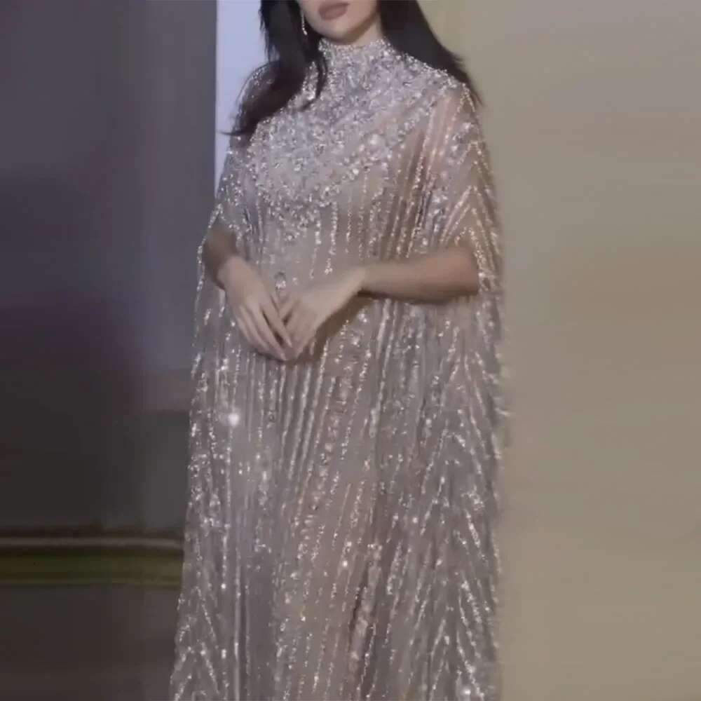 Sier Dubai Nude Cape Mermaid Arabic Evening Dress Gowns With Beaded Customize Party BLA