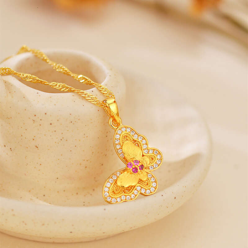 The same double-layer wing pendant from Jindian, sand gold feather micro inlaid necklace for women, light , high-end, exquisite colored butterfly