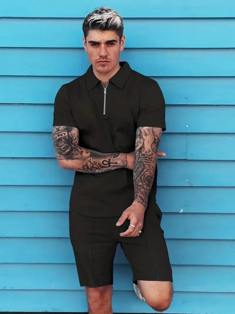 summer mens shorts set short sleeved zipper polo shirt street T-shirt two-piece set casual sportswear Hawaii/street/sportswear 250220