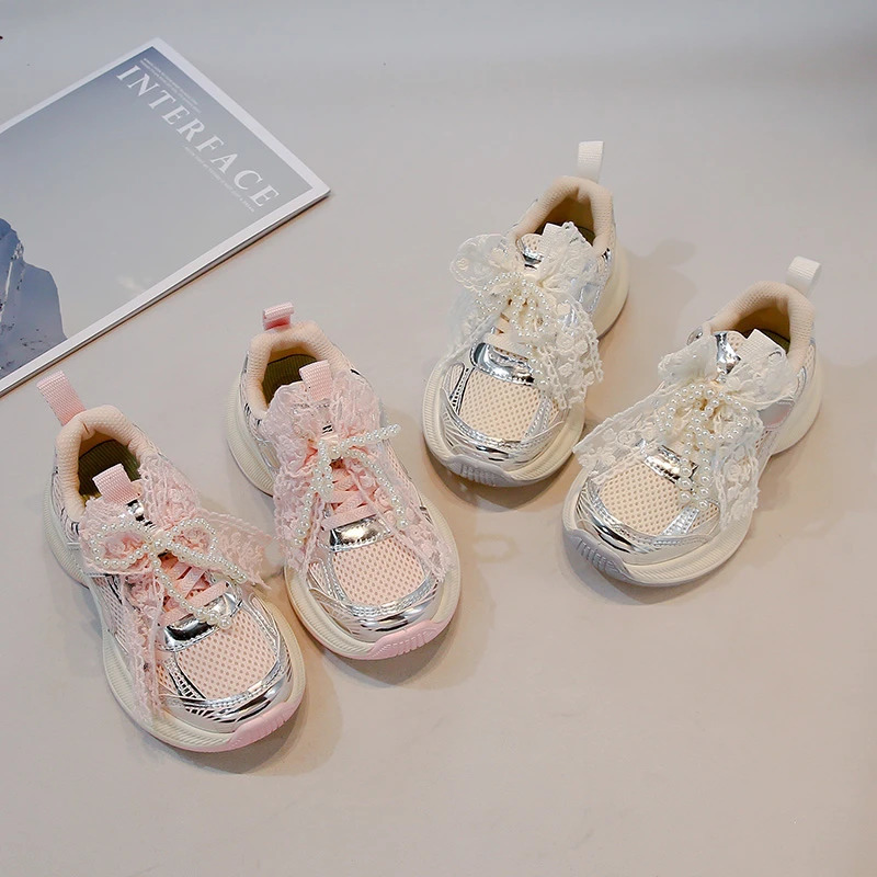 Little Girl Fashion Lace Net Casual Shoes Princess Bowtie n Clunky Sneakers Children Stylish Sports 250220