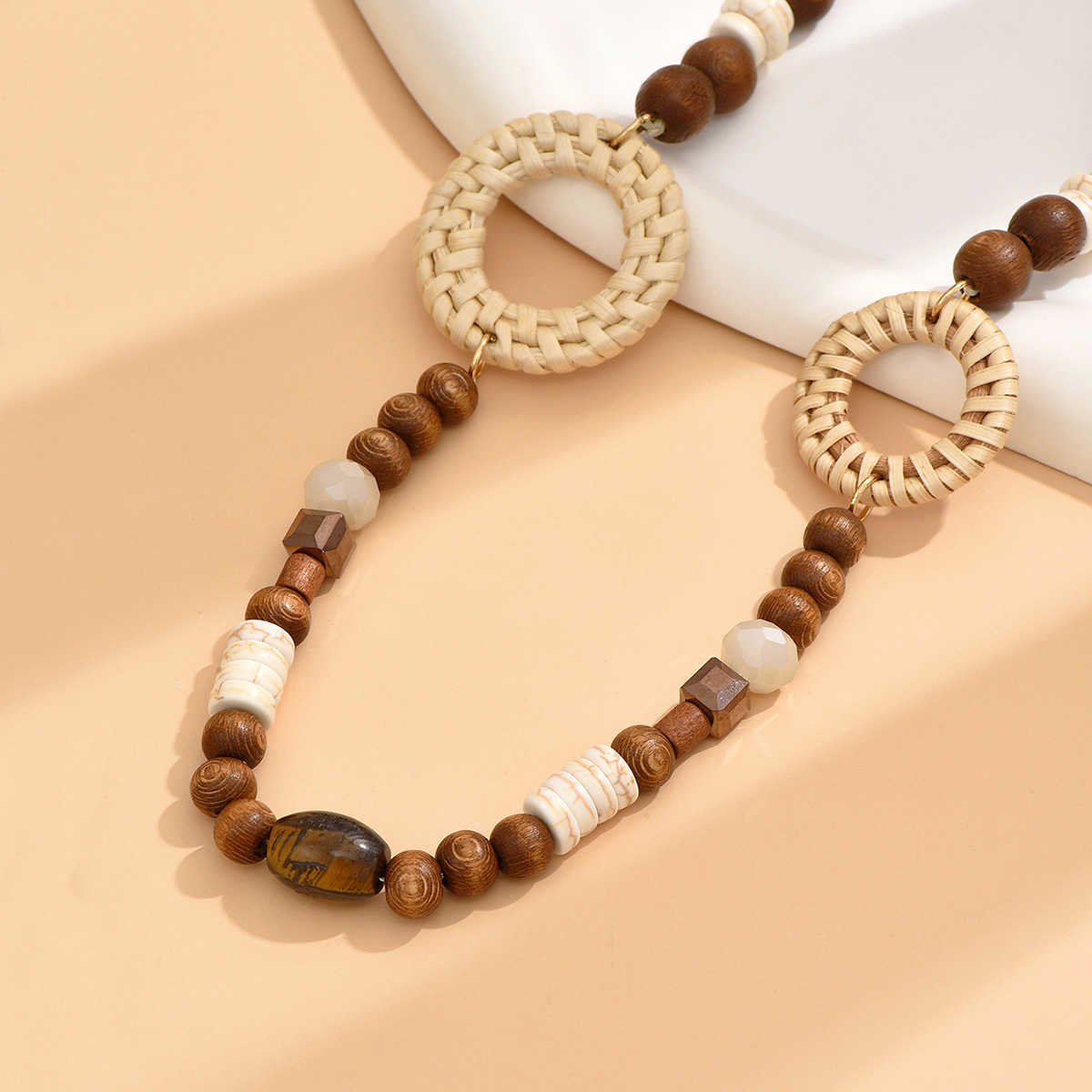 Pendant Necklaces Fashionable and versatile ethnic style accessories Bohemian vacation style random wooden bead string woven grass long necklace H2521
