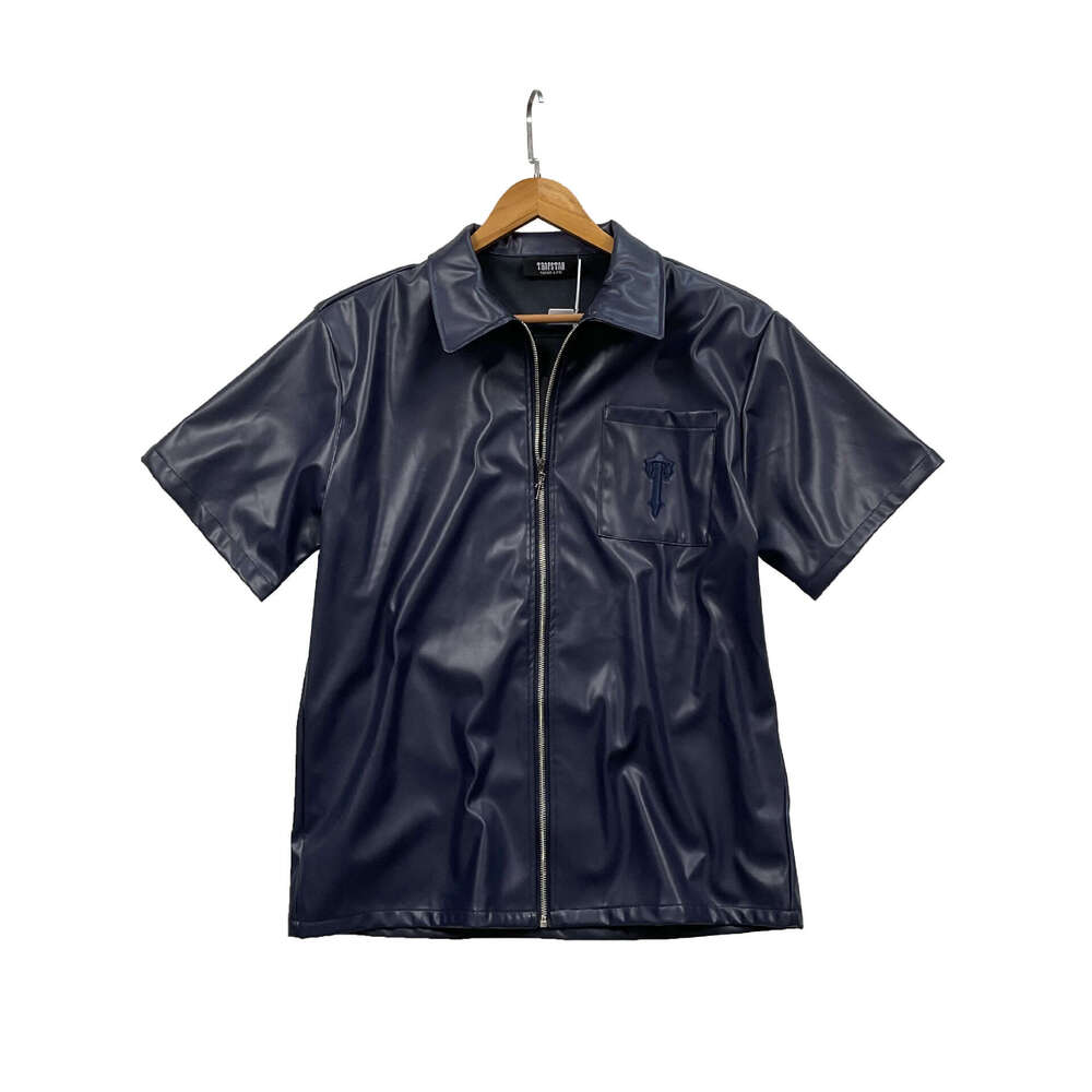 New Tra Zipper Men's Casual Collar Leather Shirt for Summer