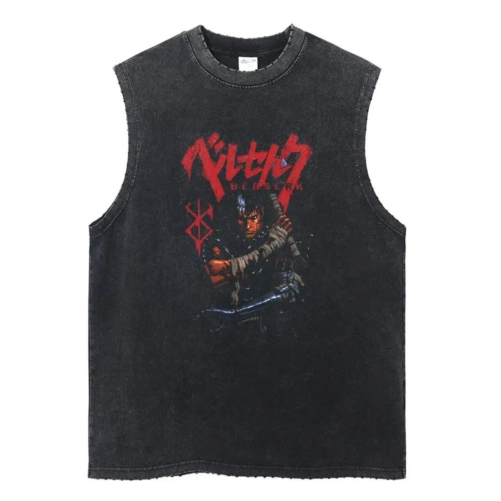 Berserk Anime Print Vest Summer Cotton Vest Mens Washed Retro Sleeveless T-Shirt Ins 250219