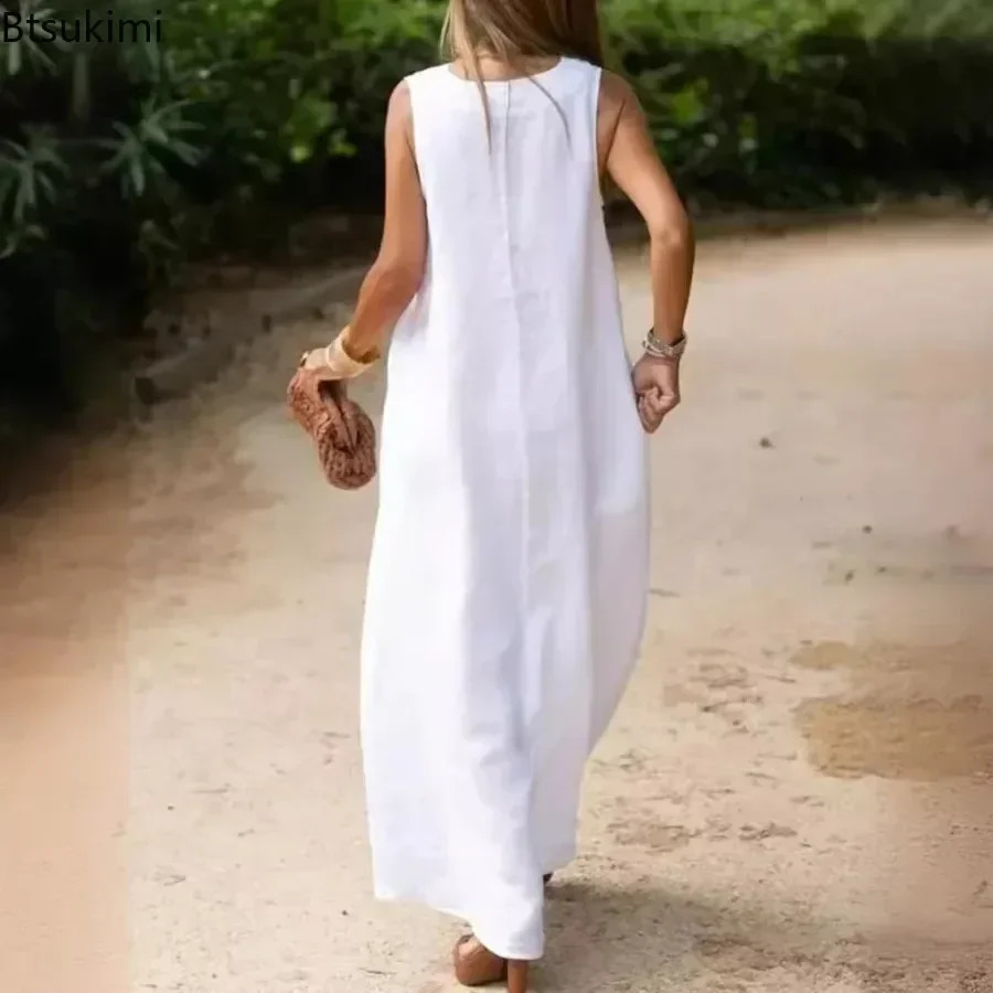 Summer Deep V Sleeveless Long Dresses for Women Simple Elegant Loose Casual A-line Dress Women Cotton Linen Tank Maxi Dress 250220