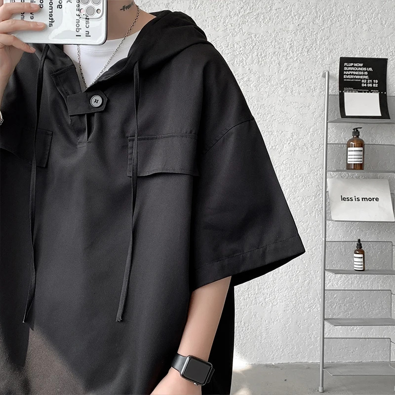 5-Color Summer Hoodie Mens Korean Half Sleeve Pullover Streetwear Loose T-shirt Top Brushed Mens Clothing 250219