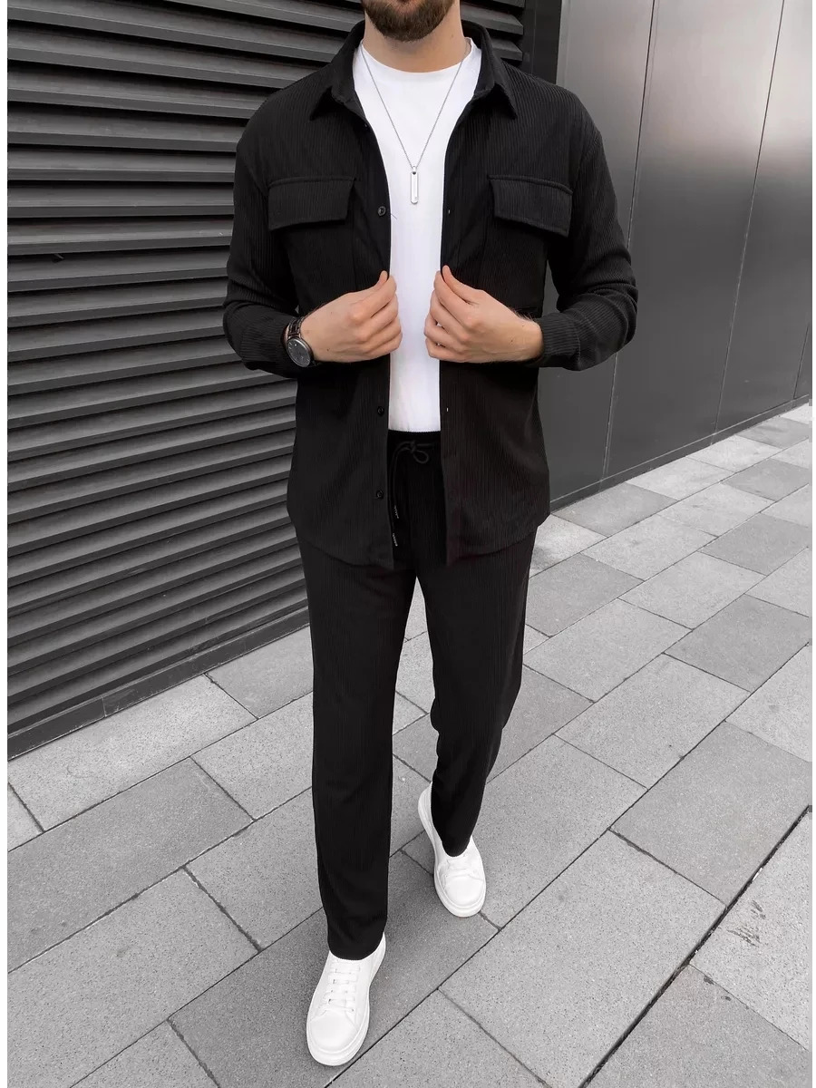Mens simple front buckle lapel double pocket long sleeve two-piece casual sports solid color striped fashion comfortable 250220