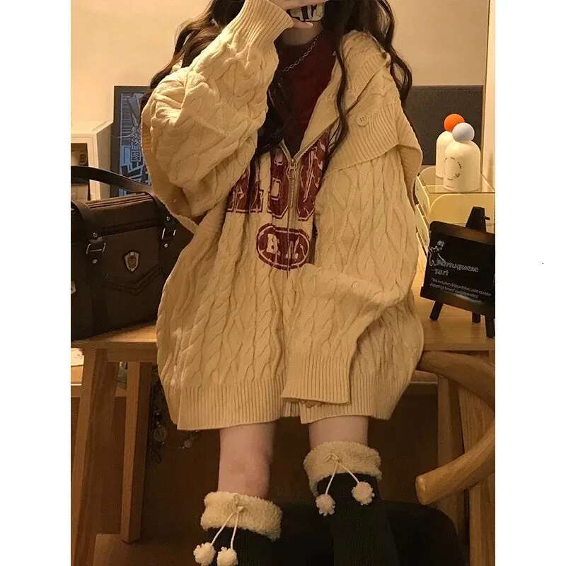 Loose-Fit Idle Cardigan Sweater Women's Spring Autumn Hooded Soft Supple Vintage Japanese Style Coat Thickened