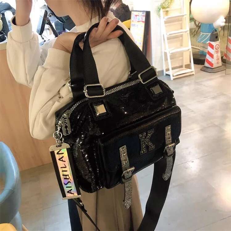 High Quality Textured Leather Pillow Glitter Shiny Sequins Large Capacity Women's Handbag Lady Purse Shoulder Messenger Bag