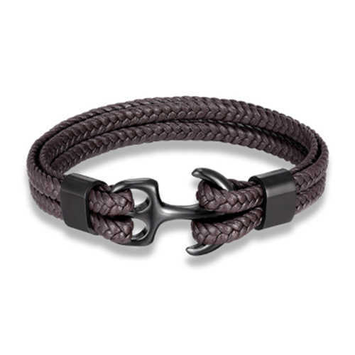 Charm Bracelets Mens Titanium Steel Bracelet Black Leather woven anchor Stainless Steel Leather Bracelet leather rope H25220