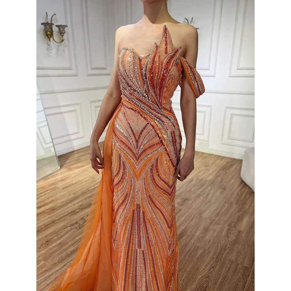 Blue Arabic One Shoulder Dubai Evening Gown With Side Overskirt Beaded Dress Customize Party BLA