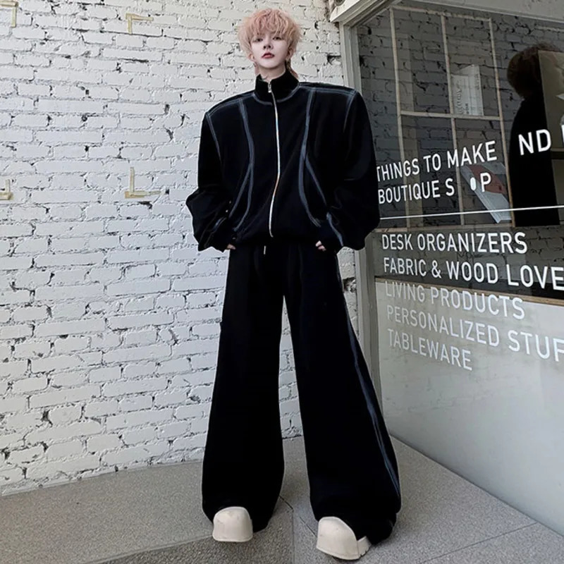 PFNW American High Street Hand-painted Depicted Shoulder Padded Sweatshirt Wide-leg Pants Spring Two Pieces Set 28W6027 250220