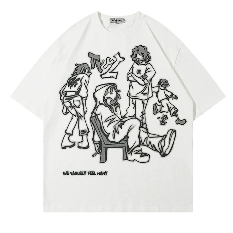 Harajuku Cartoon Girl Cat Japanese Kanji Graphic T Shirt Streetwear Oversized Men TShirt Hip Hop Women Short Sleeve Tops 250218